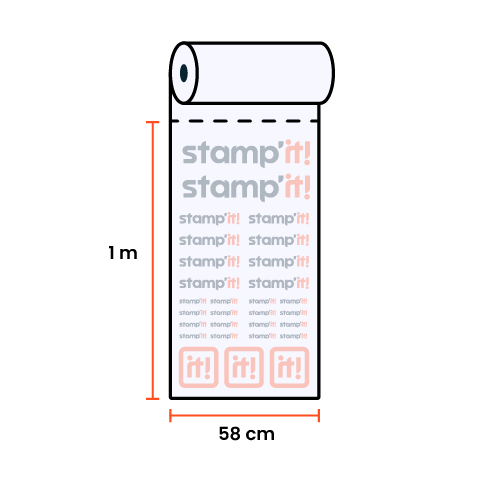Illustration technique d'un rouleau de film DTF de 58 cm de largeur par 1 m de longueur, recouvert d'un motif répétitif de logos stamp'it!